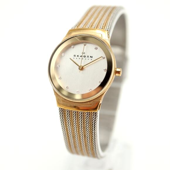 Skagen Womens Two Tone Diamond Slim 26mm Watch Steel Mesh Strap w New Battery - Picture 1 of 15